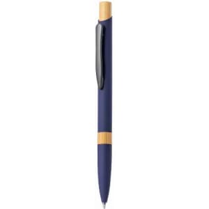 A pen with a navy blue barrel and bamboo accents, featuring a black clip. It has a sleek, modern design.