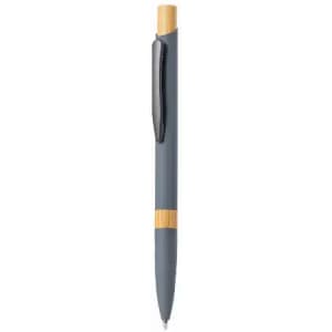 A grey pen with a bamboo accent and a clip, featuring a smooth design for writing.
