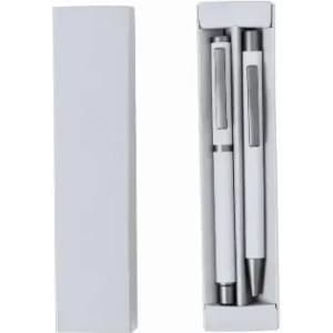 A pen set in a white box, featuring two silver and white pens, one with a clip and one without.