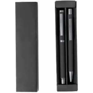 A box containing two black pens, featuring a sleek design and a matching black packaging.