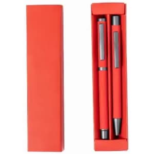 A set of two red pens in a matching red box, featuring sleek silver accents and a minimalist design.