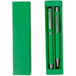 A green pen set in a matching box, featuring two pens with silver accents.
