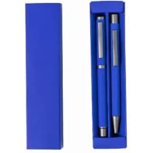 A gift box containing two blue pens with silver accents, neatly arranged inside.