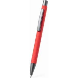 A red pen with a metallic clip and tip, featuring a smooth, sleek design.