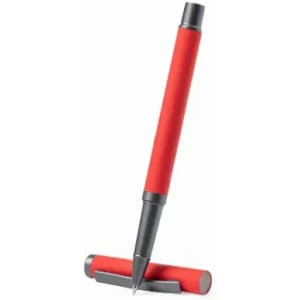 A red pen with a sleek design and a metal tip, displayed upright with its cap beside it.