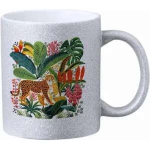 A glittery silver mug featuring a vibrant jungle scene with a leopard and tropical plants in various colours.