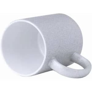 A silver drink mug with a white interior and a unique handle shape, featuring a smooth finish and a logo.