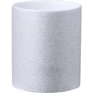 A drink bottle made of textured silver material with a white interior and a rounded shape. It features a logo.