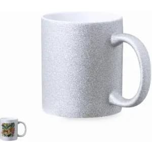 A glittery silver mug with a textured surface and a round handle. It features a logo on one side.