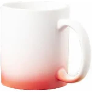 A drink mug featuring a gradient design, transitioning from white to a soft pink hue, with a handle.
