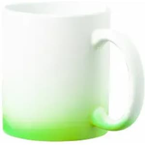 A drink mug with a white body and a green gradient at the bottom, featuring a handle and a logo.