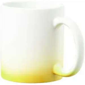 A mug featuring a white body with a gradient design transitioning from white to yellow at the base.