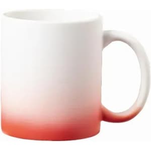 A drink mug featuring a white-to-red gradient design with a comfortable handle and a smooth finish.