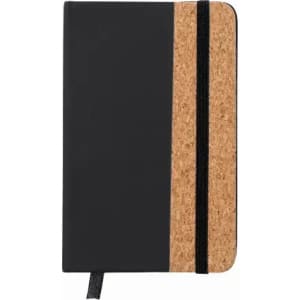 A notebook with a black cover and a cork panel, featuring an elastic band closure and a ribbon bookmark.