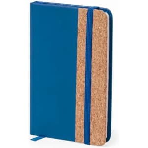 A blue notebook with a cork section on the cover and an elastic band for closure.