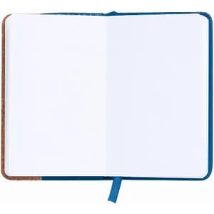 A blank notebook with a blue cover and a ribbon marker, featuring two open pages without text or images.