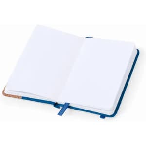 A blank notebook with a blue cover and no printed text, featuring a ribbon bookmark.