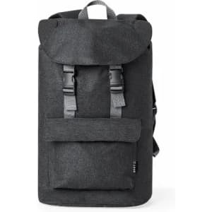 A backpack in dark grey fabric with adjustable straps and a front pocket. It has a flap closure and a logo.