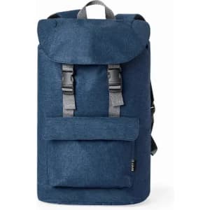 A backpack in navy blue with grey straps and a front pocket, featuring a flap closure and a branding logo.