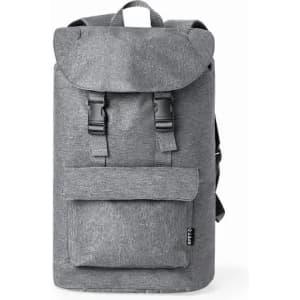 A grey backpack with a roll-top closure, adjustable straps, and a front pocket. It features a logo.