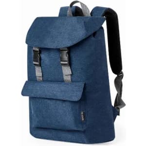 A blue backpack with a flap, two front buckles, and a front pocket, featuring shoulder straps.