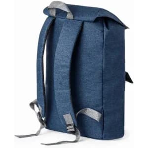 A backpack in navy blue with grey straps and a minimalist design. Features a logo on the front.