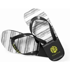 A pair of black and white flip-flops with a striped design and a logo on the sole.