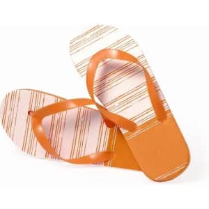 A pair of flip-flops featuring orange straps and a striped orange and white sole.