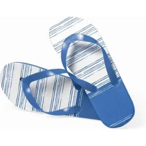 A pair of flip-flops featuring blue straps and a white sole with striped design elements.