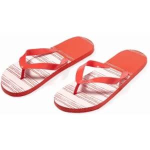 A pair of red flip-flops featuring a white striped pattern on the soles and a flat design.