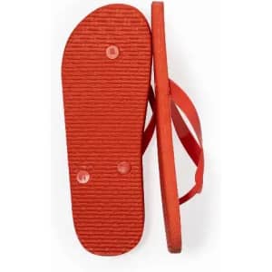 A pair of orange flip-flops with a textured sole and flat straps, featuring a simple design.