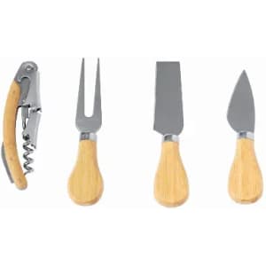 A set of four cheese knives with wooden handles and stainless steel blades, including a corkscrew.