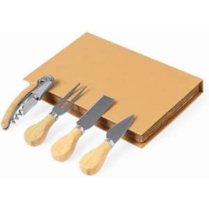 A set of four kitchen tools with wooden handles, including a corkscrew, fork, and two knives, on a brown cutting board.