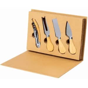 A set of four metal and wooden-handled cheese knives displayed in a brown cardboard booklet.