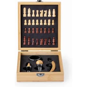 A chess set in a bamboo box, featuring wooden pieces in light and dark colours, with additional compartments for accessories.