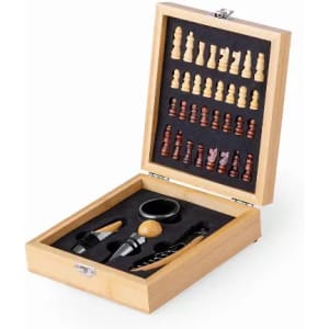 A chess set in a wooden box featuring red and black pieces on a black felt base, with additional game components.