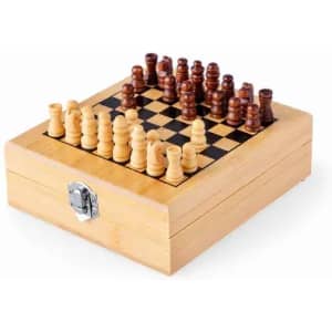 A wooden chess set with a checkered board and pieces in light and dark brown, housed in a compact box.