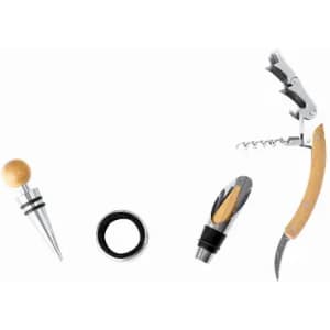 A wine accessory set featuring a corkscrew with a wooden handle, pourer, stopper, and a drip ring.