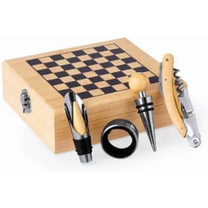 A wooden chess set box containing a corkscrew, wine pourer, wine stopper, and wine ring, all with wooden accents.