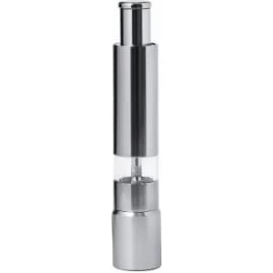 A drink bottle in a sleek silver design with a transparent section and a logo on it.