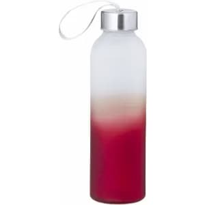 A drink bottle featuring a gradient design with shades of red, white, and silver detailing. Includes a carrying strap.