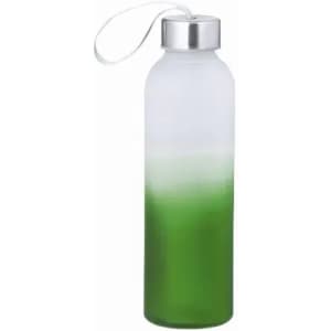 A drink bottle with a frosted white and green gradient, featuring a silver lid and a strap for easy carrying.