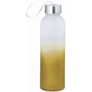 A drink bottle with a frosted finish transitioning from clear to gold, featuring a silver lid and a carrying strap.