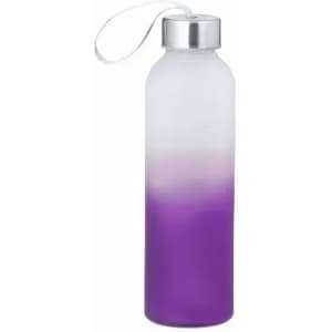 A drink bottle featuring a frosted finish with a gradient from clear to purple, topped with a silver cap and a strap.