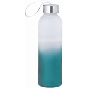A drink bottle with a frosted finish, featuring a gradient from clear to teal, and a silver lid with a strap.