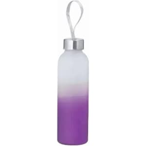A drink bottle in frosted white transitioning to purple with a metal cap and a silver carrying strap.