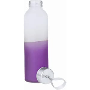 A drink bottle with a frosted white top and a purple bottom, featuring a silver lid and a strap.