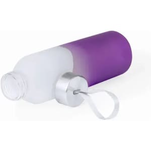 A drink bottle with a gradient design, transitioning from white to purple, featuring a metal cap and loop.