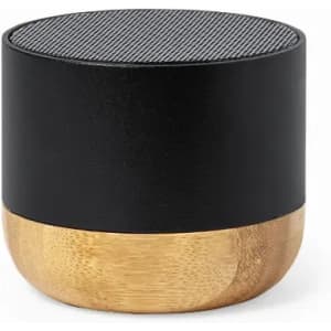 A black and natural bamboo speaker with a textured top and a smooth cylindrical base.