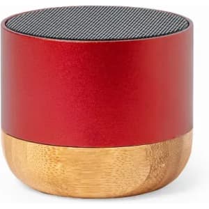 A red and bamboo portable speaker with a mesh top and a cylindrical design, featuring a textured surface.